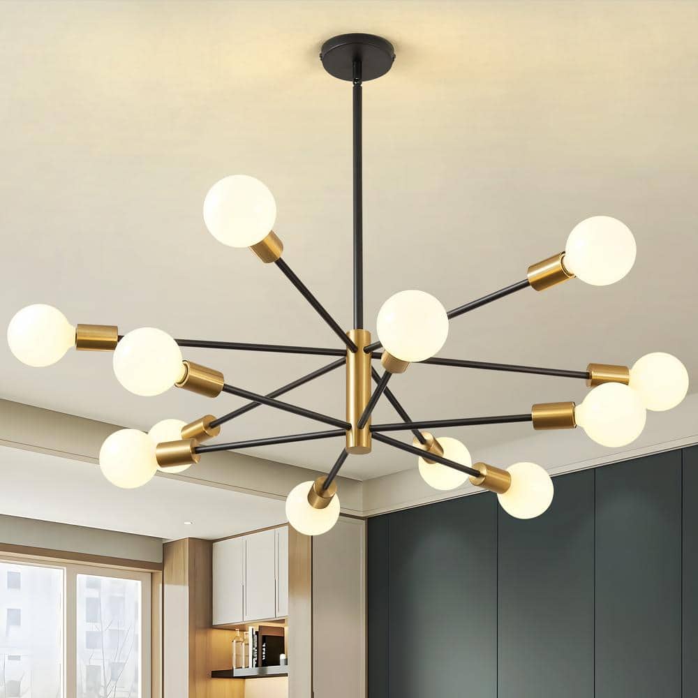 12 - Light Height Adjustable Mid - Century Ceiling Light Black And Gold Metal Linear Sputnik Chandelier No Bulbs Included - Stu's Home Improvement Outlet
