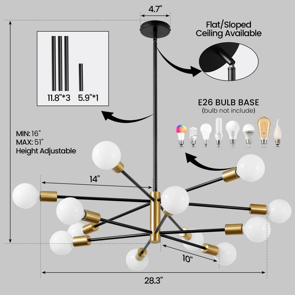 12 - Light Height Adjustable Mid - Century Ceiling Light Black And Gold Metal Linear Sputnik Chandelier No Bulbs Included - Stu's Home Improvement Outlet