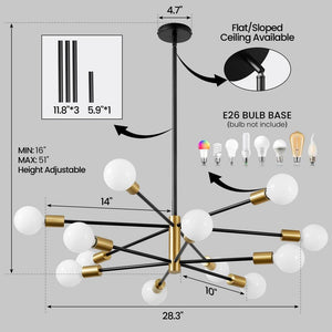 12 - Light Height Adjustable Mid - Century Ceiling Light Black And Gold Metal Linear Sputnik Chandelier No Bulbs Included - Stu's Home Improvement Outlet