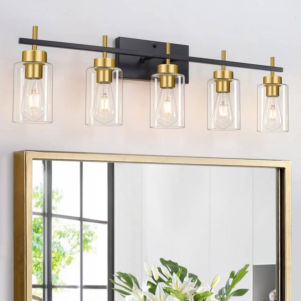 34.6 in. 5-Light Black and Gold Vanity Light with Clear Glass Shades