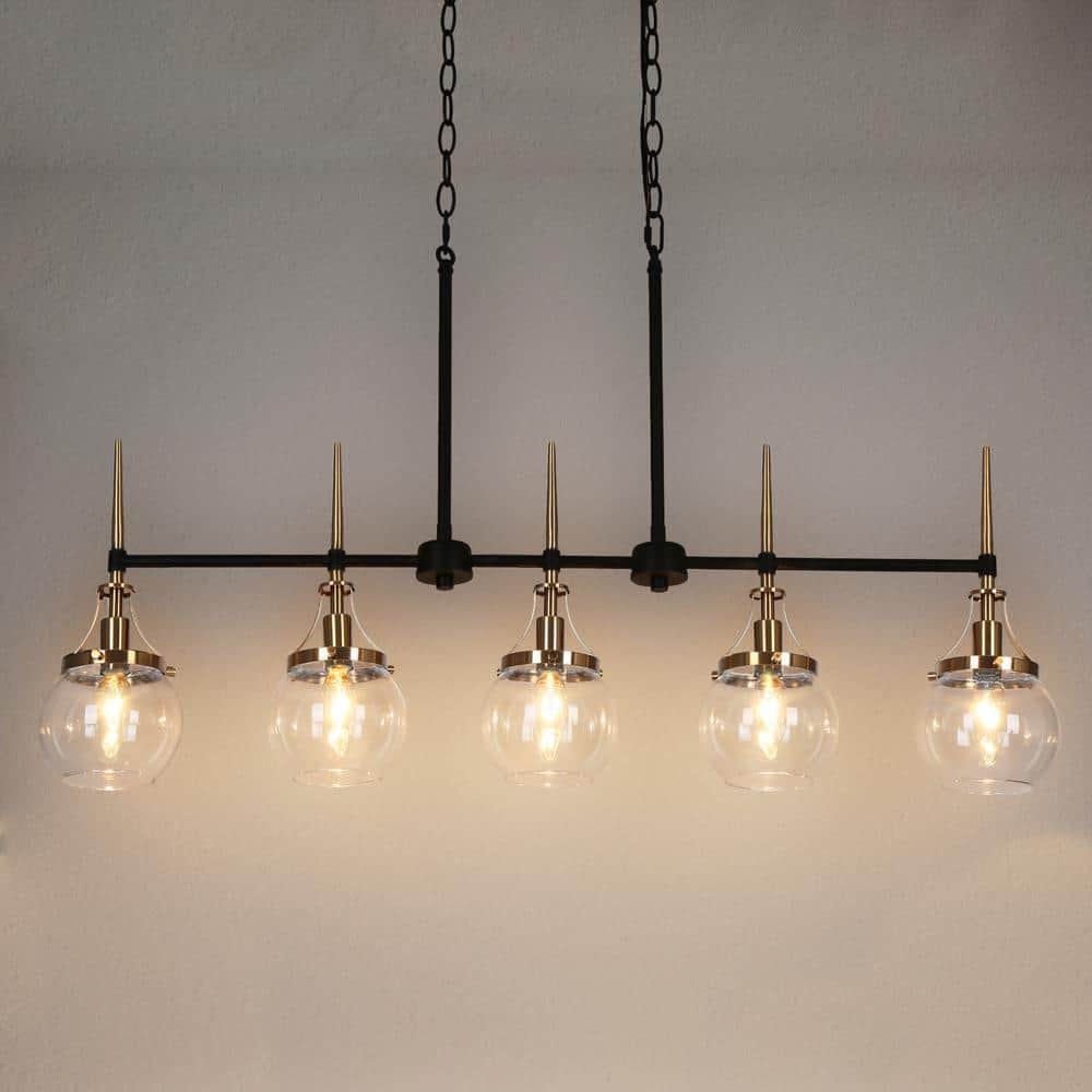 36 in. Transitional 5 - Light Black and Brass Linear Chandelier with Clear Globe Glass Shades for Kitchen Island - Stu's Home Improvement Outlet