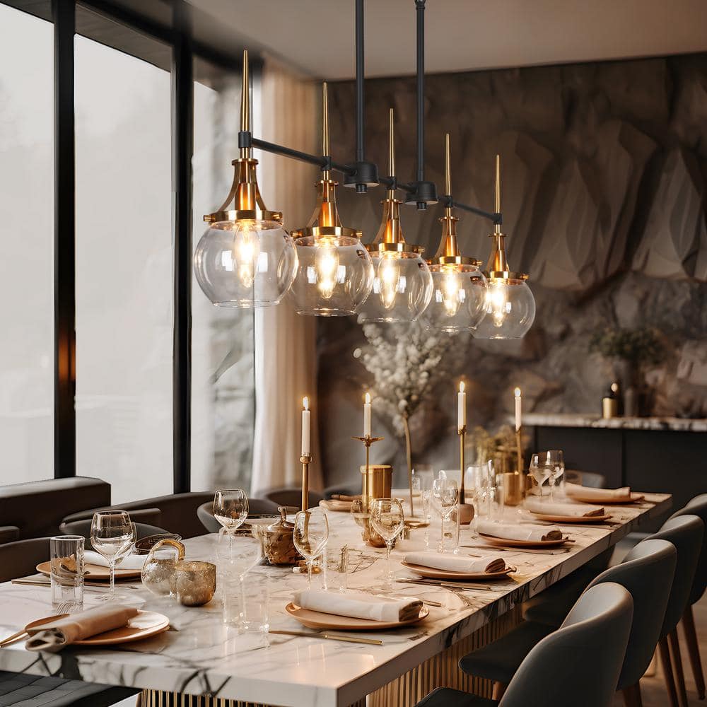 36 in. Transitional 5 - Light Black and Brass Linear Chandelier with Clear Globe Glass Shades for Kitchen Island - Stu's Home Improvement Outlet