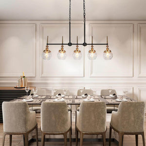 36 in. Transitional 5 - Light Black and Brass Linear Chandelier with Clear Globe Glass Shades for Kitchen Island - Stu's Home Improvement Outlet