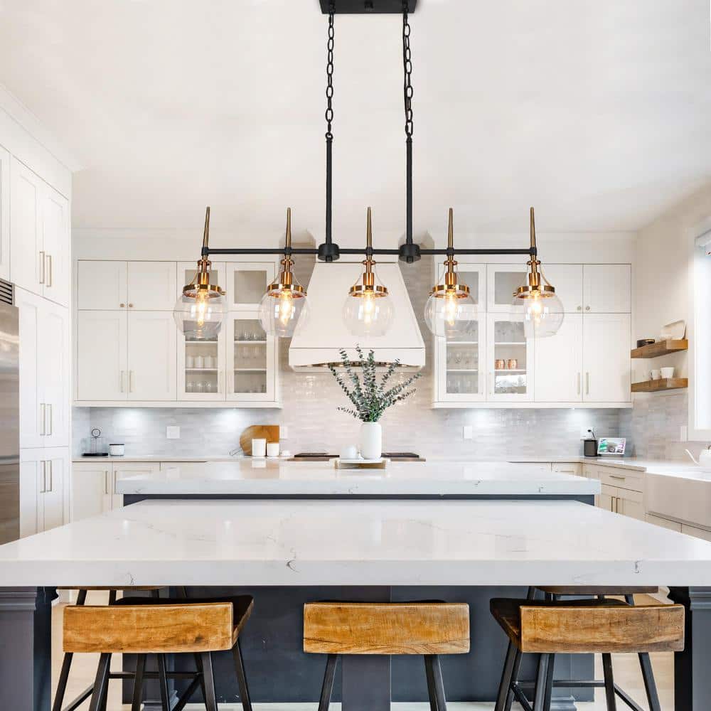 36 in. Transitional 5 - Light Black and Brass Linear Chandelier with Clear Globe Glass Shades for Kitchen Island - Stu's Home Improvement Outlet