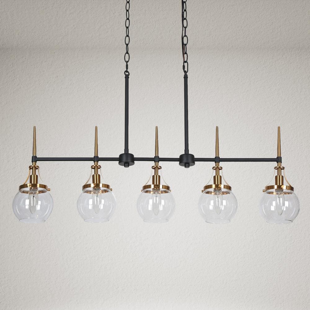 36 in. Transitional 5 - Light Black and Brass Linear Chandelier with Clear Globe Glass Shades for Kitchen Island - Stu's Home Improvement Outlet