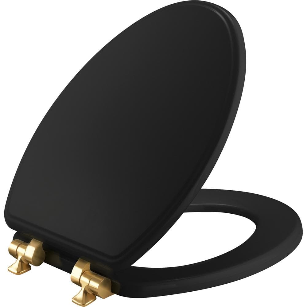 Weston Elongated Soft Close Enameled Wood Closed Front Toilet Seat in Black Never Loosens Brushed Gold Metal Hinge