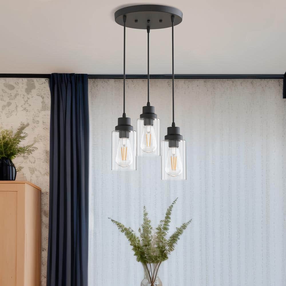 3 - Light Black Pendant Light with Cylinder Clear Glass Shades, Industrial Kitchen Island Lighting for Dining Room - Stu's Home Improvement Outlet