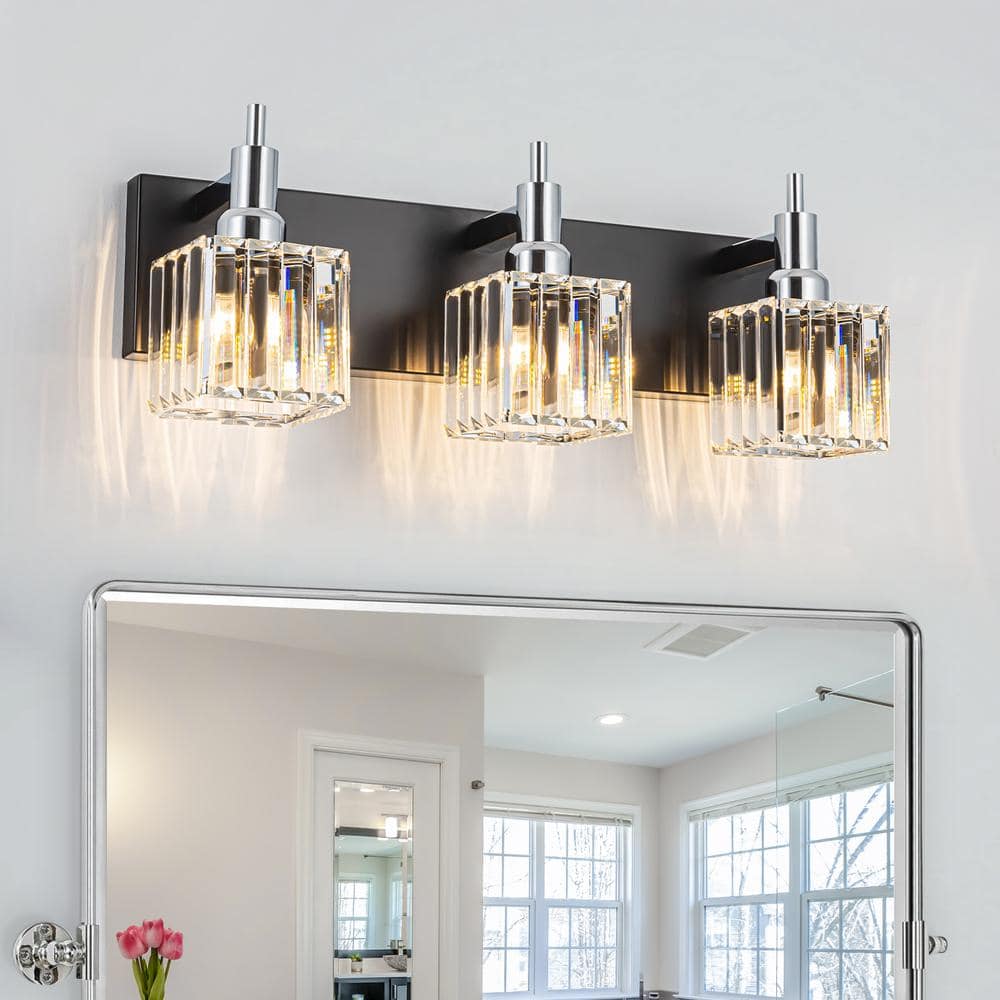 Orillia 19.7 in. 3 - Light Modern Black Chrome Bathroom Vanity Light with Crystal Shades - Stu's Home Improvement Outlet