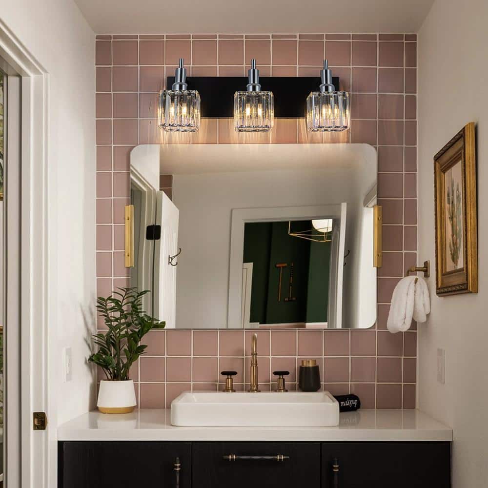 Orillia 19.7 in. 3 - Light Modern Black Chrome Bathroom Vanity Light with Crystal Shades - Stu's Home Improvement Outlet