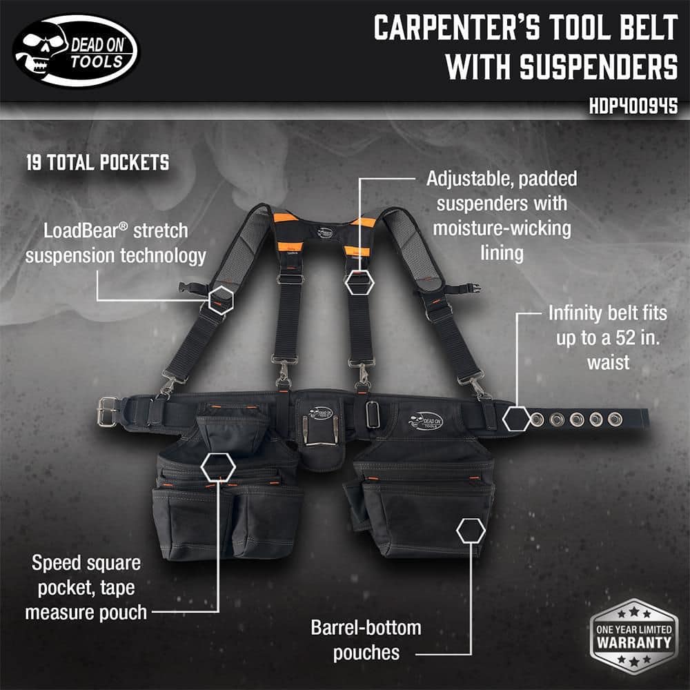 Professional Carpenter's 2 Pouch Tool Storage Suspension Rig with LoadBear Suspenders in Black - Stu's Home Improvement Outlet