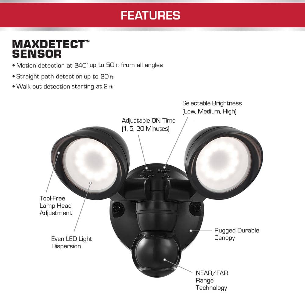 Defiant MaxDetect 240 - Degree Black Motion Activated Wired Outdoor 2 - Head Dusk - to - Dawn LED Security Flood Light 1400 Lumens - Stu's Home Improvement Outlet