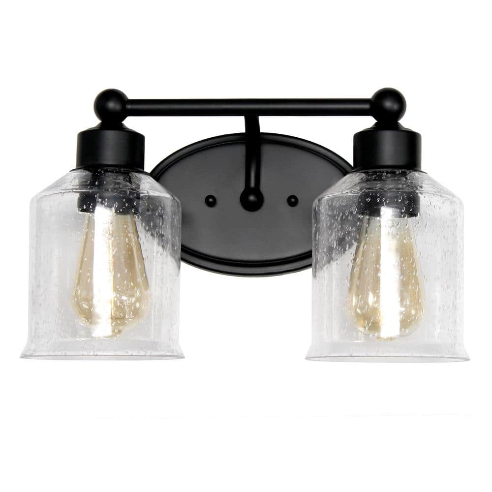 14 in. Black Modern Timeless Decorative 2 - Light Wall Mounted Vanity Light Fixture with Clear Speckled Glass Shades - Stu's Home Improvement Outlet