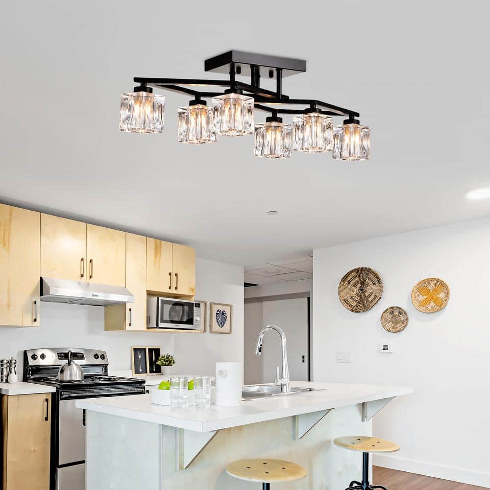 24.9 in. 6 - Light Black Modern Farmhouse Flush Mount with Cube Shade - Stu's Home Improvement Outlet