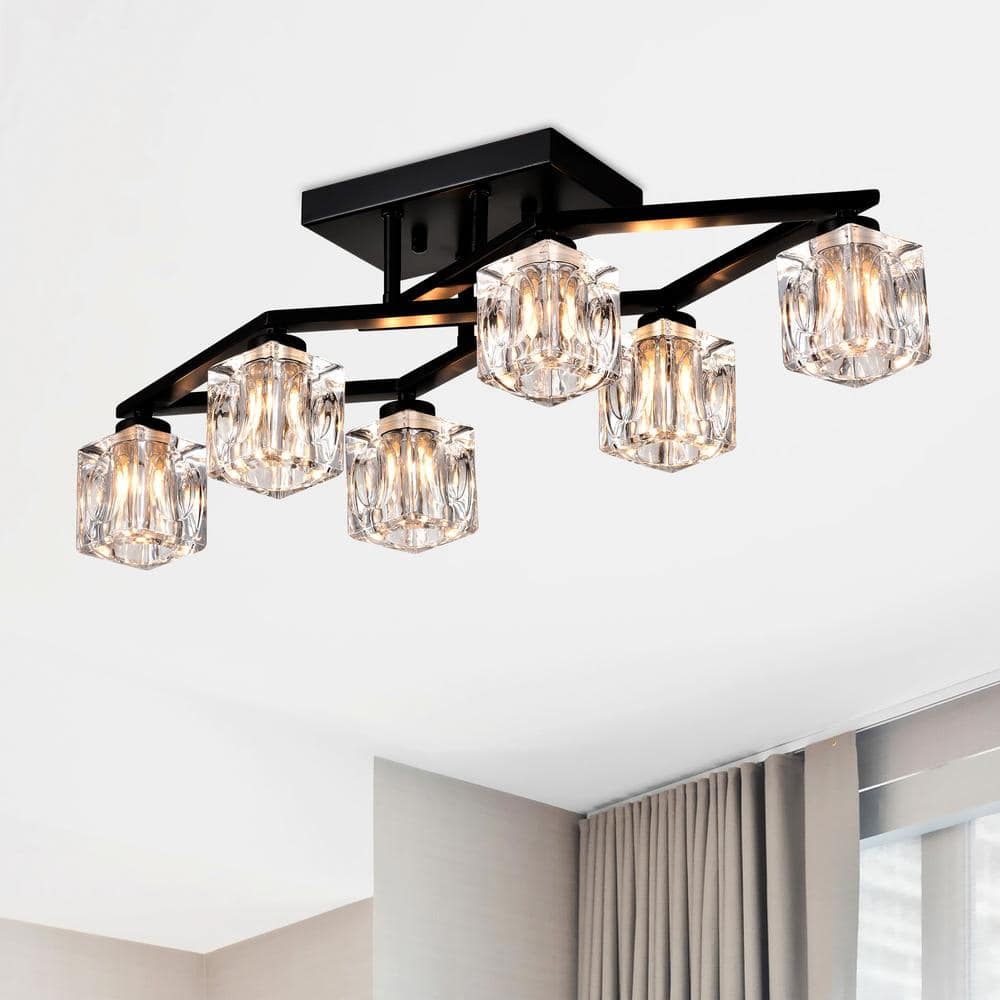24.9 in. 6 - Light Black Modern Farmhouse Flush Mount with Cube Shade - Stu's Home Improvement Outlet