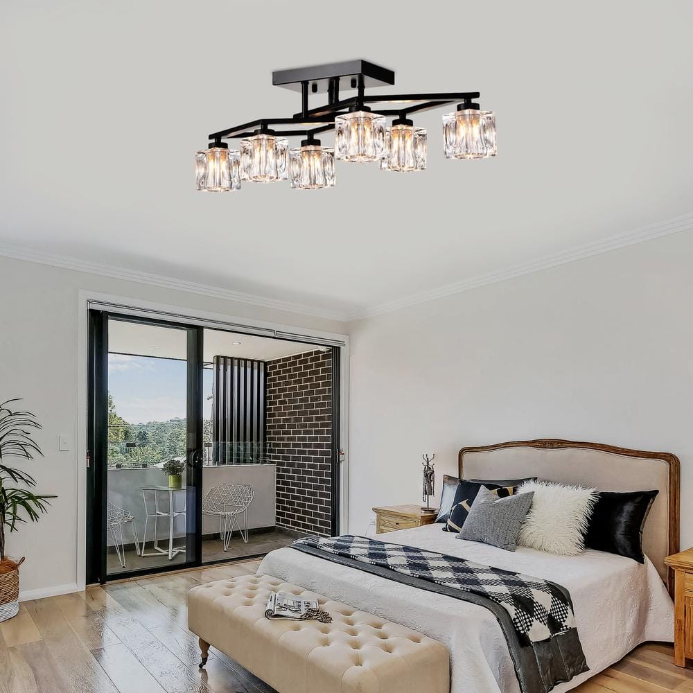 24.9 in. 6 - Light Black Modern Farmhouse Flush Mount with Cube Shade - Stu's Home Improvement Outlet
