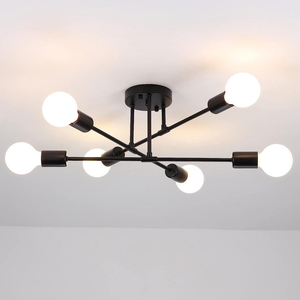20.66 in. 6 Light Black Dimmable Sputnik Chandelier Modern Linear Semi-Flush Mount Ceiling Light for Office Living Room