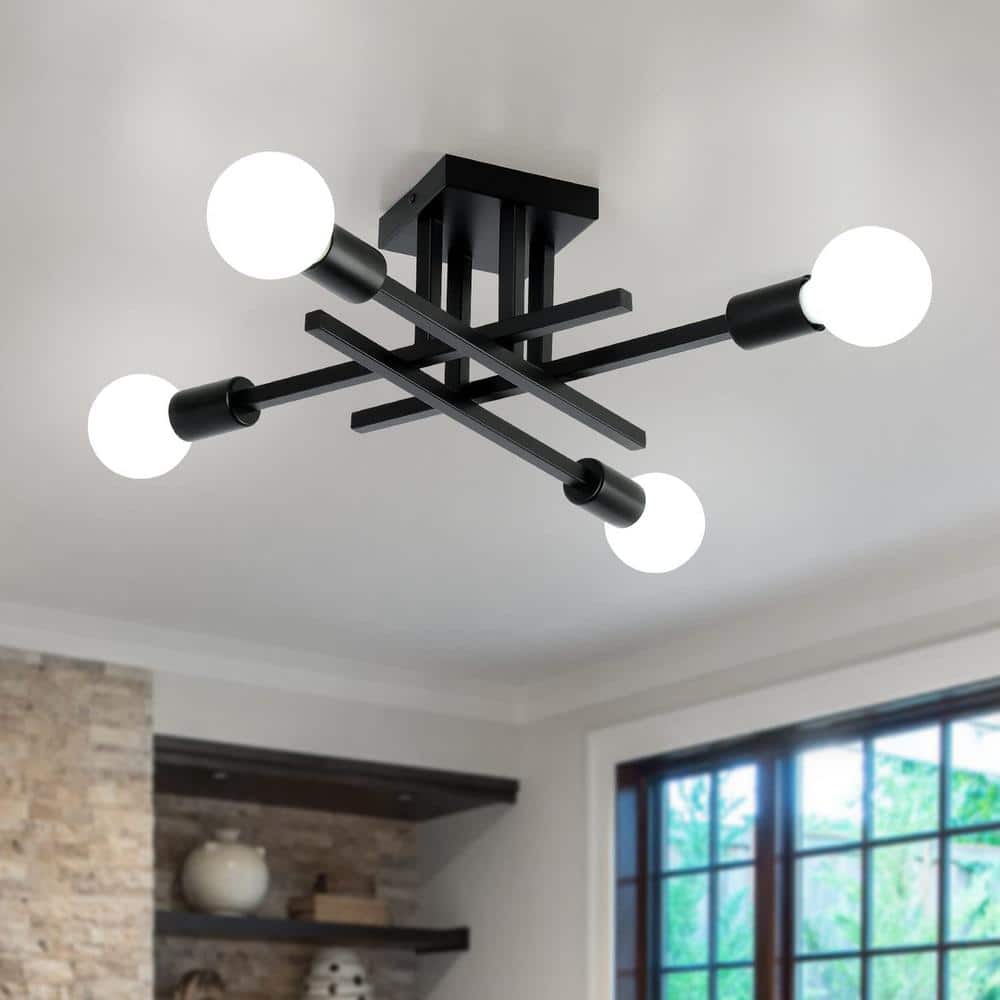 18.11 in. 4-Light Black Dimmable Sputnik Linear Chandelier Semi Flush Mount Chandelier for Living Dining Room Foyer