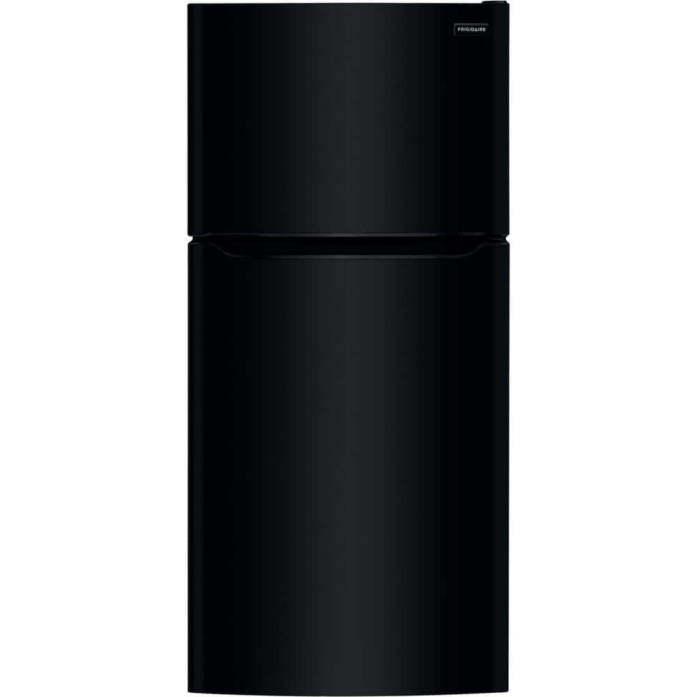 Black top-freezer refrigerator with a sleek, modern design and smooth surface.