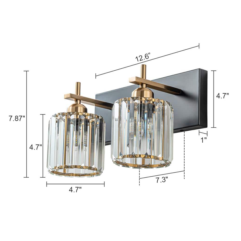Orillia 12.6 in. 2 - Light Black and Gold Bathroom Vanity Light with Crystal Shade Wall Sconce Over Mirror - Stu's Home Improvement Outlet