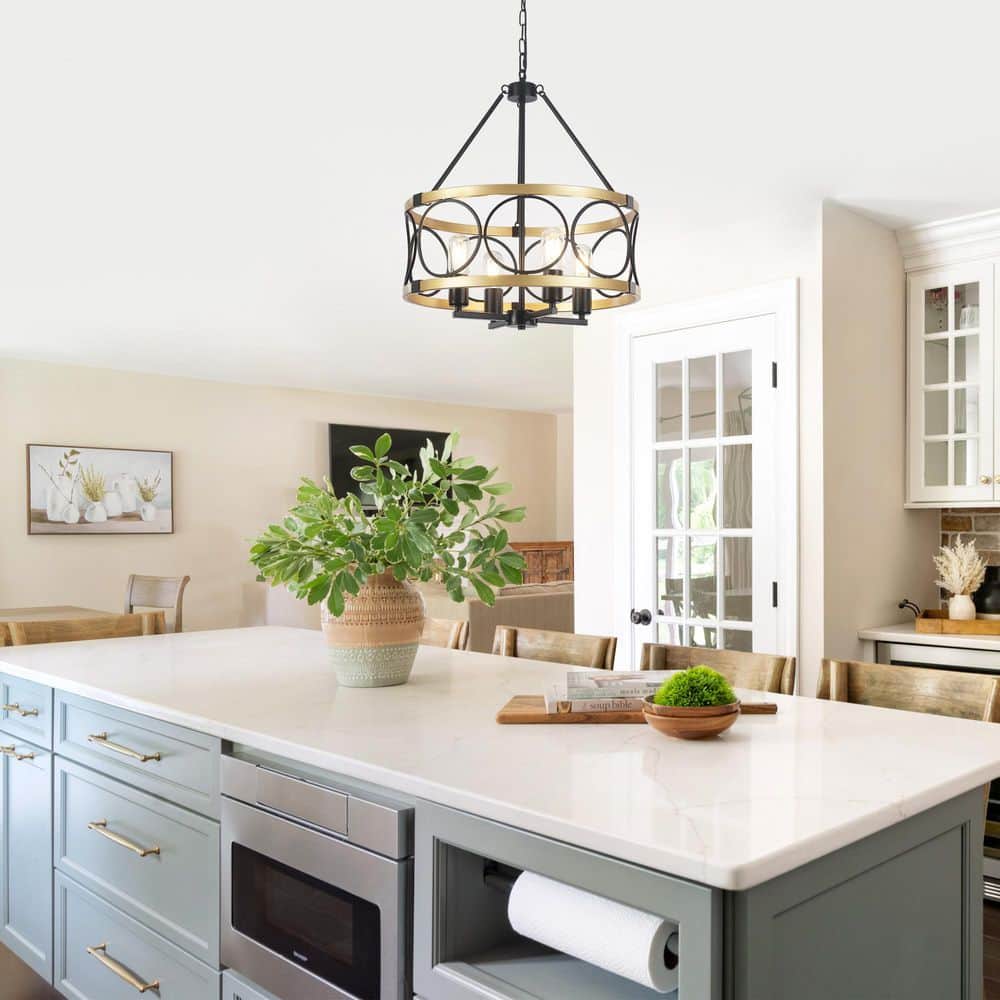 Boswell Quarter 4 Light Black/Gold Drum Farmhouse Rustic Chandelier for Kitchen Island with No Bulbs Included