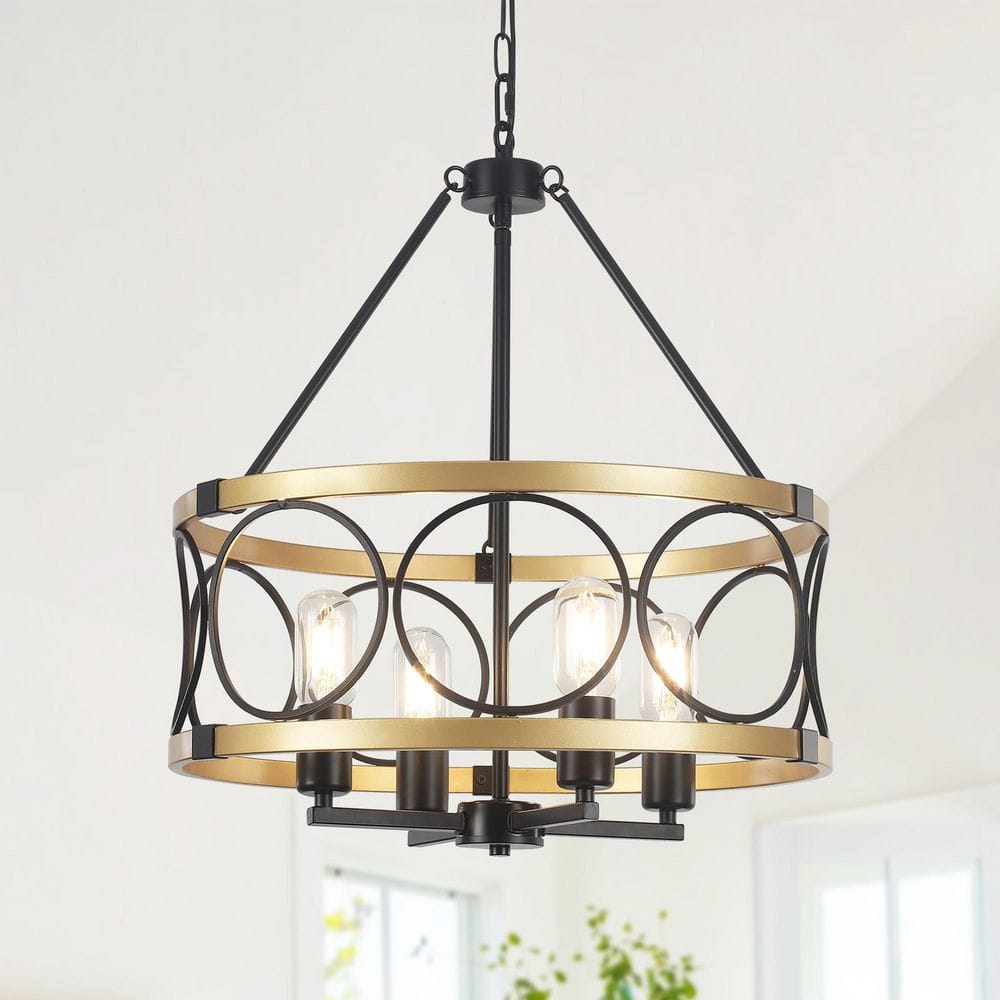 Boswell Quarter 4 Light Black/Gold Drum Farmhouse Rustic Chandelier for Kitchen Island with No Bulbs Included