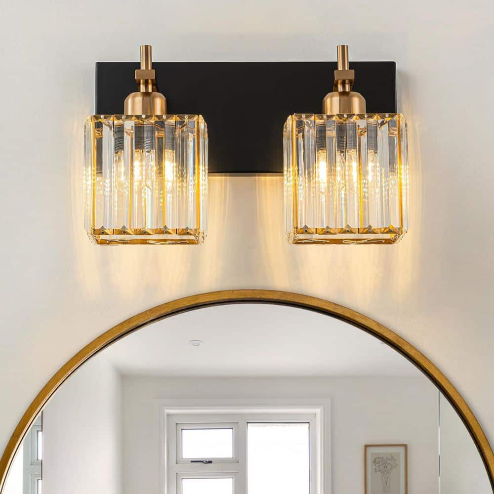 Orillia 12.6 in. 2 - Light Black and Gold Bathroom Vanity Light with Square Shape Crystal Shade Wall Sconce Over Mirror - Stu's Home Improvement Outlet