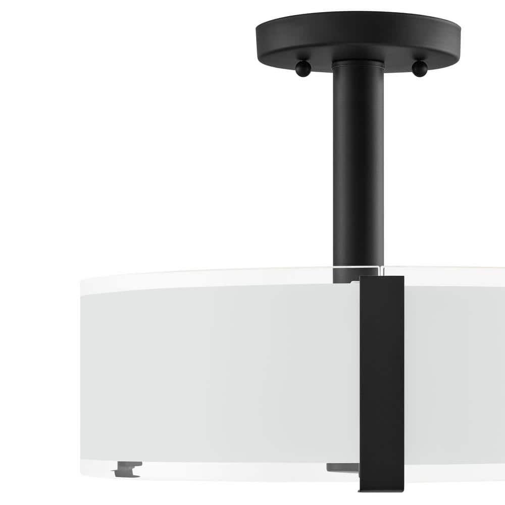 Bourland 14 in. 3 - Light Black Semi - Flush Mount Ceiling Light Fixture with White and Clear Glass Double Shade - Stu's Home Improvement Outlet