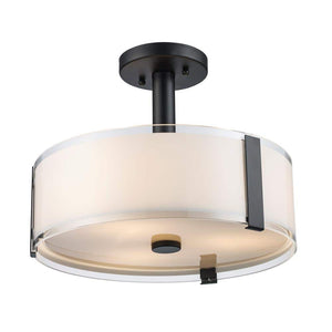 Bourland 14 in. 3 - Light Black Semi - Flush Mount Ceiling Light Fixture with White and Clear Glass Double Shade - Stu's Home Improvement Outlet