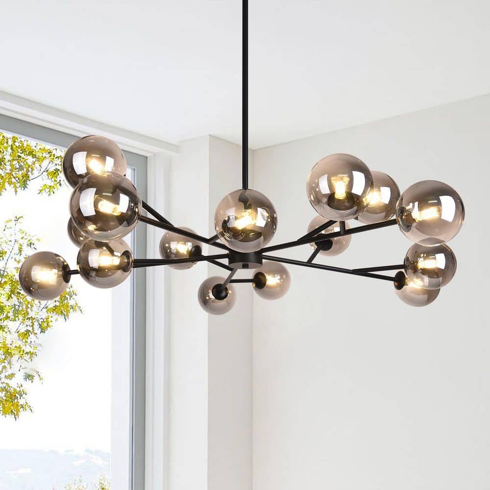 CEDER 15 - Light 50.4 in. W Black Chandelier with Smoked Glass Sputnik Branch Chandelier for Kitchen - Stu's Home Improvement Outlet