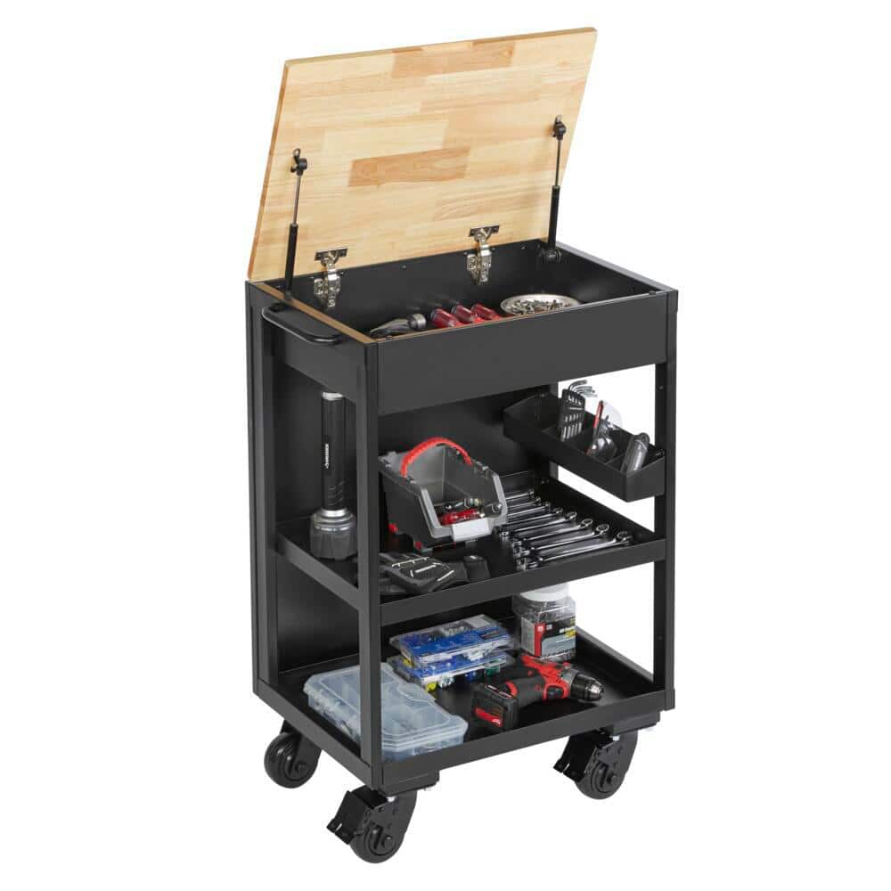 Husky Heavy Duty Welded Utility Cart with Wooden Top in Black (24.25 in. W x 37.5 in. H x 17.5 in. D)