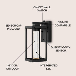 Juno 4.75 in. Black Hardwired Outdoor Cylinder Sconce Iron/Seeded Glass with Dusk - to - Dawn Sensor Integrated LED 1 - Light - Stu's Home Improvement Outlet