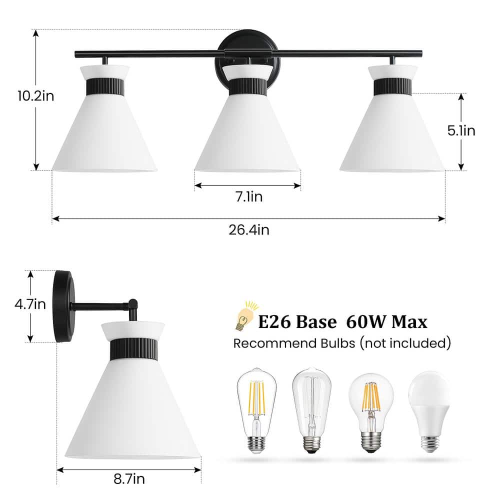 26 in. 3-Light Black Vanity Light with Milk White Glass Shade Modern Bathroom Light Fixture Farmhouse Wall Sconce