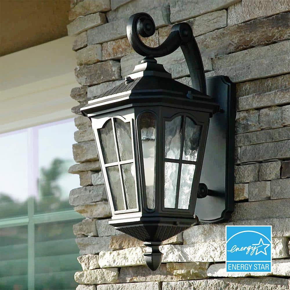 Bentham 19.4 in. 1 - Light Black LED Outdoor Wall Light Coach Sconce with Hammered Glass Dusk to Dawn (Bulb Included) - Stu's Home Improvement Outlet