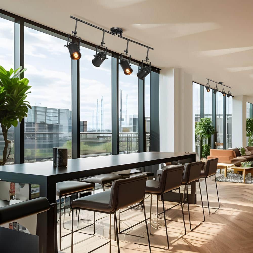 Modern Industrial Black Fixed Track Lighting Kit 4-Light Linear Task Light with Rotatable Cylinder Heads, LED Compatible