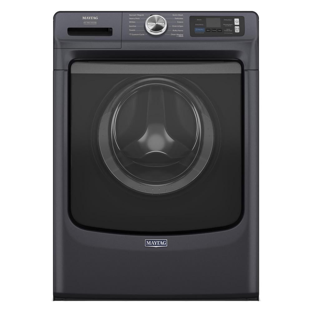 Front-loading washing machine in metallic gray with a transparent door and control panel.