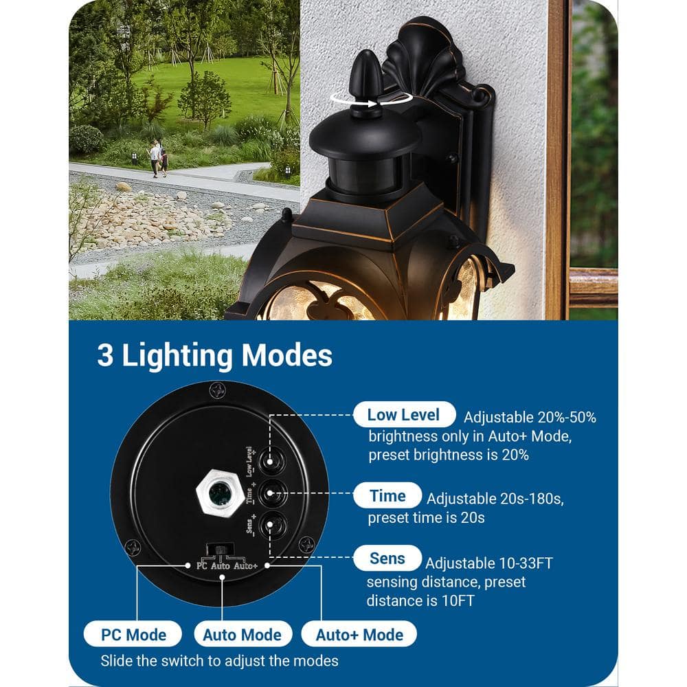 16.8 in. Black Motion Sensing Dusk to Dawn Outdoor Hardwired Wall Lantern Scone with No Bulbs Included, Set of 2 - Stu's Home Improvement Outlet