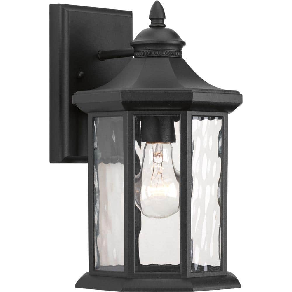 Edition Collection 1-Light Textured Black Clear Water Glass Traditional Outdoor Medium Wall Lantern Light