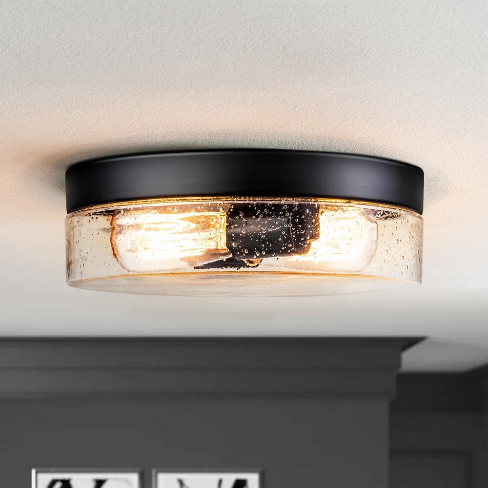 Murphy 2 - Light 11.2 in. Black Semi - Flush Mount Light with Seeded Glass Drum Shade - Stu's Home Improvement Outlet