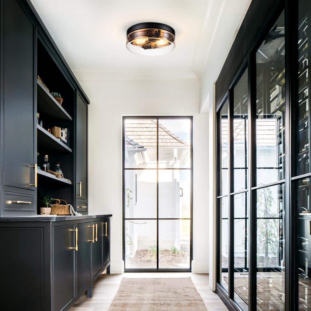 Murphy 2 - Light 11.2 in. Black Semi - Flush Mount Light with Seeded Glass Drum Shade - Stu's Home Improvement Outlet