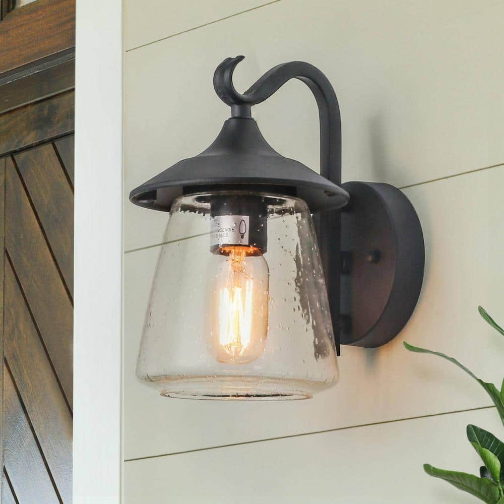 Modern Frosted Black Porch Outdoor Wall Sconce 1-Light Classic Exterior Lantern with Mushroom Clear Seeded Glass Shade
