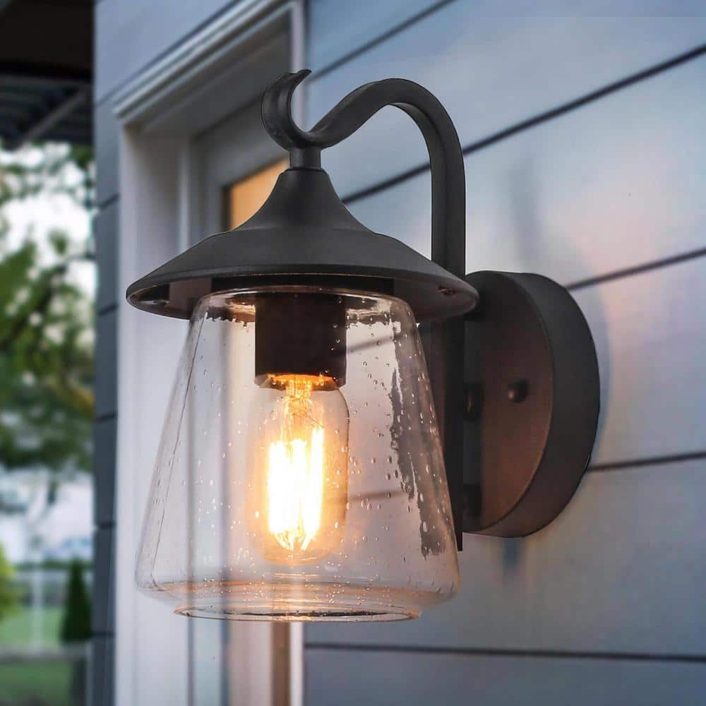 Modern Frosted Black Porch Outdoor Wall Sconce 1-Light Classic Exterior Lantern with Mushroom Clear Seeded Glass Shade
