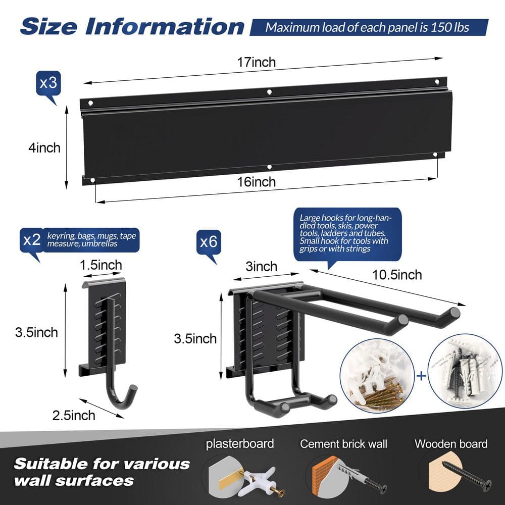 68 in. Garage Tool Storage Steel Rack, 600 lbs. Load Capacity Wall Mounted Storage Organizer System with 12 Hooks