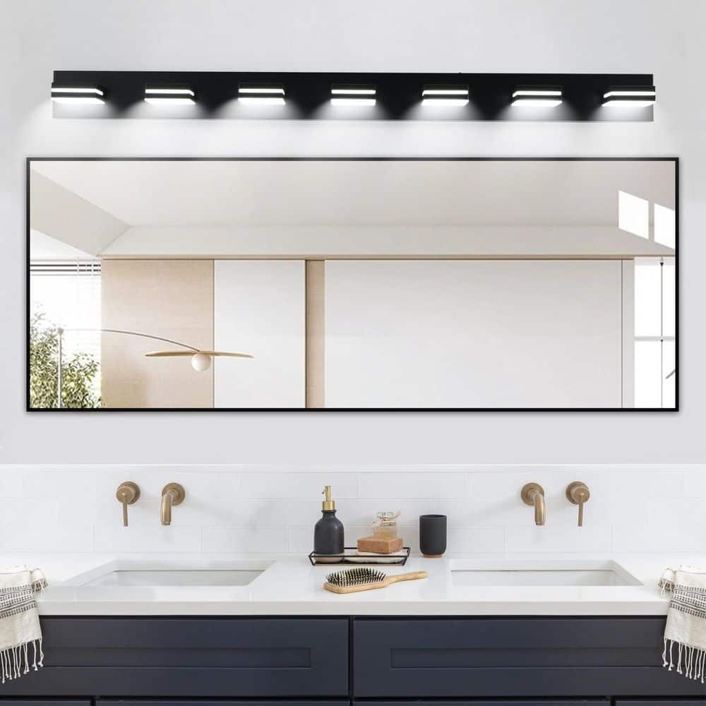 55 in. W 7-Lights LED Vanity Light for Bathroom, Black Wall Sconce Over Vanity Mirror, Cool White 6000K