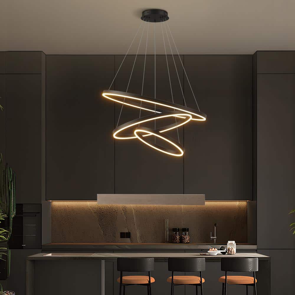 31 in. 3 - Light Modern Black Geometric Adjustable Styling Tiered Integrated LED Chandelier for Bedroom and Kitchen Island - Stu's Home Improvement Outlet
