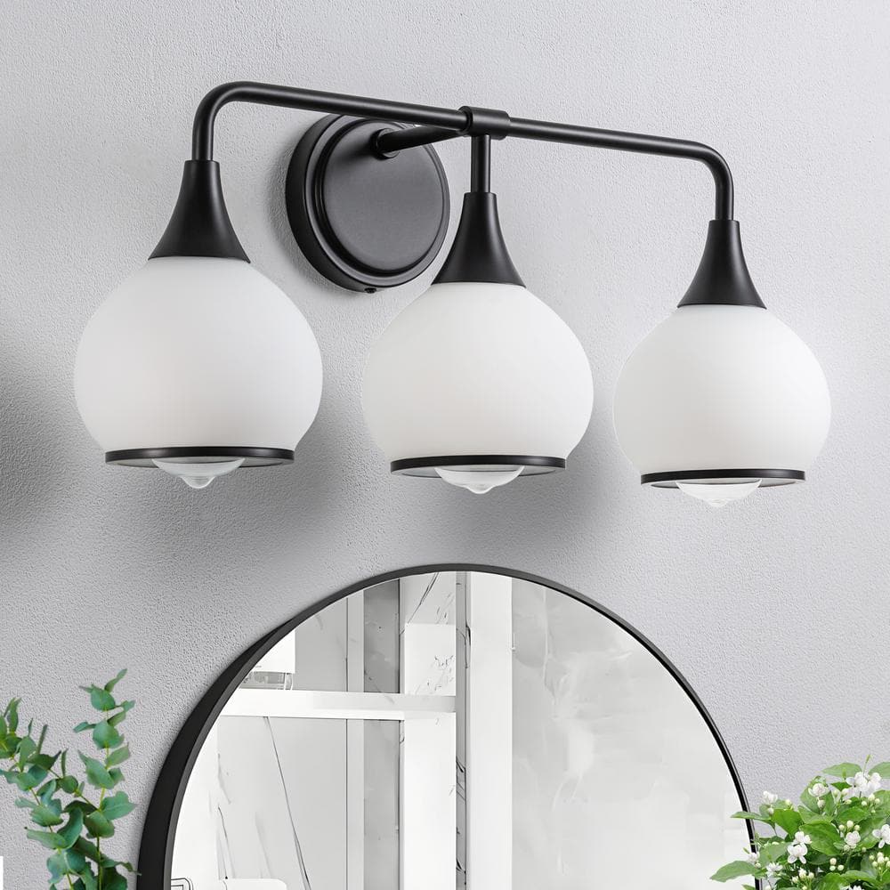 22.4 in. 3-Light Black Bathroom Vanity Light with Milky White Globe Glass Shades
