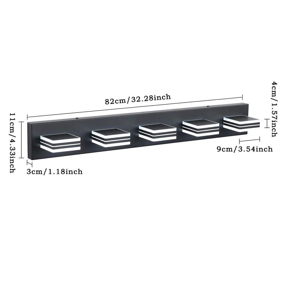 32 in. 5 Black LED Vanity Light Bar with Square Acrylic Lampshades and Modern Design Lighting Fixture for Bathroom - Stu's Home Improvement Outlet