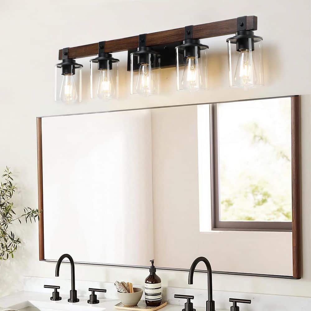 35 in. 5 - Light Black Vanity Light with Glass Shades and Walnut Wood Accent Modern Industrial Farmhouse Style (No Bulbs) - Stu's Home Improvement Outlet