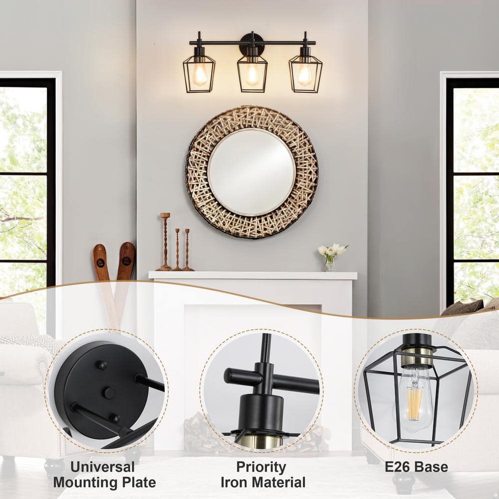 Farmhouse 23.22 in. 3 - Light Black Bathroom Vanity Light with Wire Cage - Stu's Home Improvement Outlet