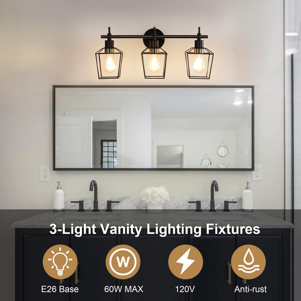 Farmhouse 23.22 in. 3 - Light Black Bathroom Vanity Light with Wire Cage - Stu's Home Improvement Outlet