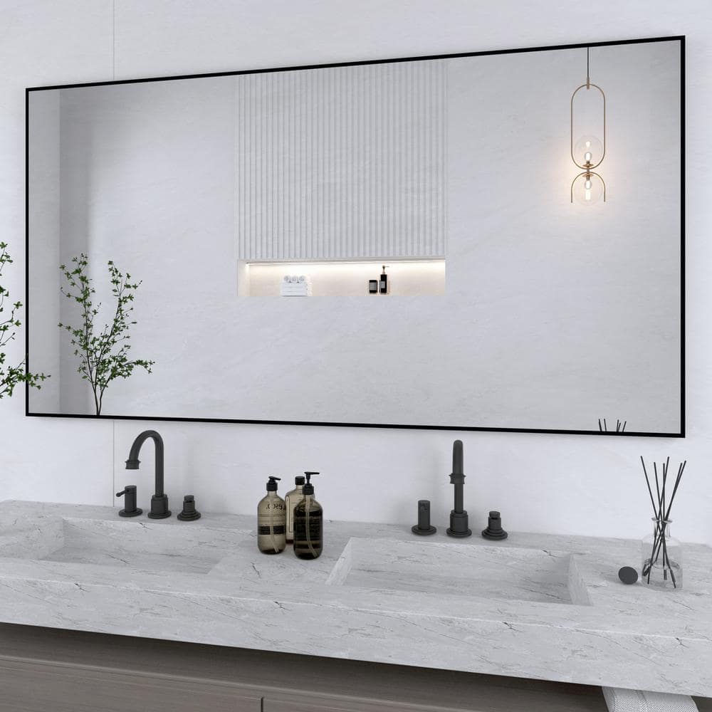 55 in. W x 30 in. H Large Rectangular Aluminum Alloy Framed Wall Mounted Bathroom Vanity Mirror in Black